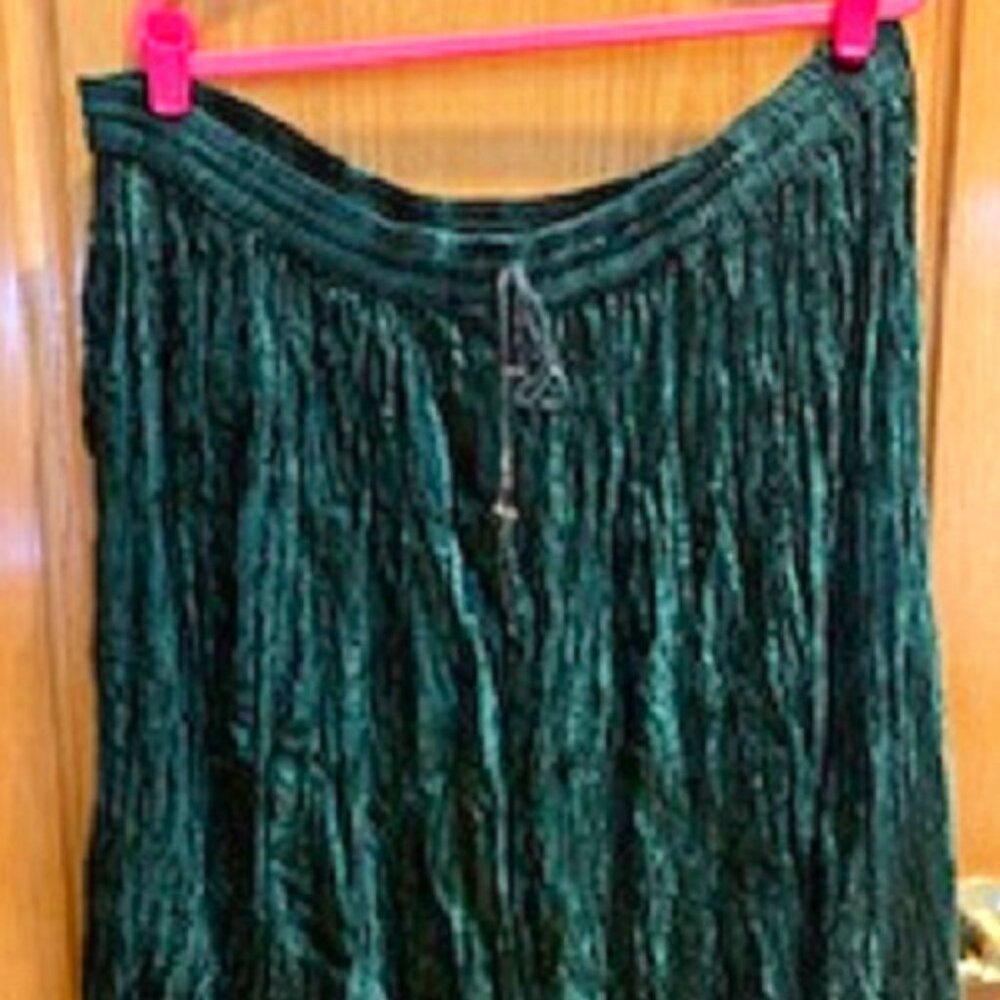Vintage Just Class 100% Rayon Velvet Crinkled Skirt Green Knee Length Pull On L